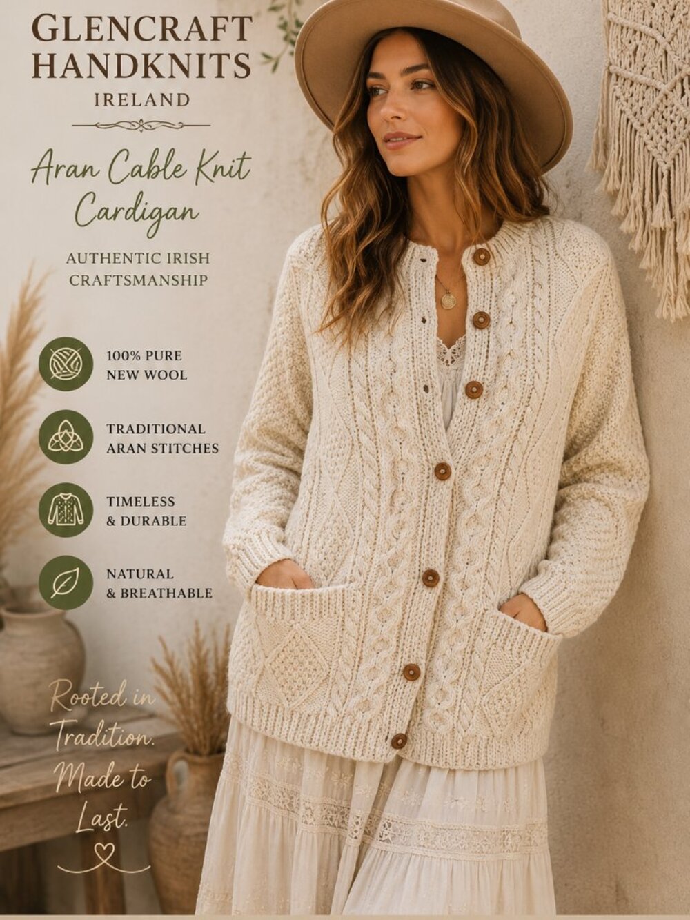 Glencraft Handknits Ireland Wool Aran Cable Knit Cardigan Fisherman Cream S/M